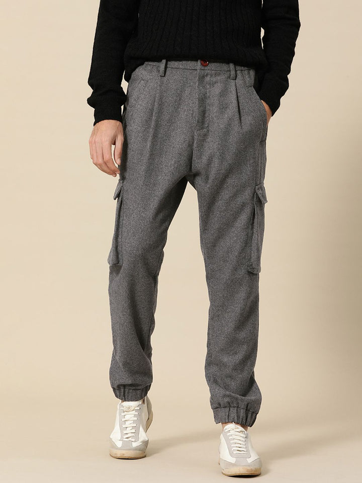 Mr Bowerbird Men Charcoal Frey Liberal Fit Solid Pleated Tweed Cargos