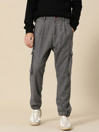 Mr Bowerbird Men Charcoal Frey Liberal Fit Solid Pleated Tweed Cargos