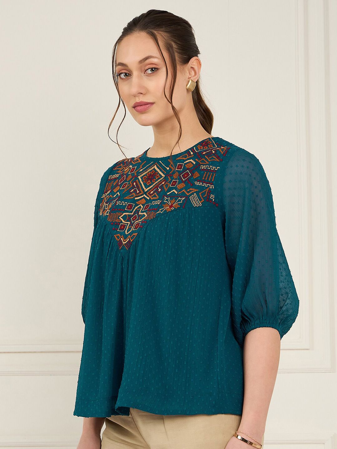 Antheaa Embroidered Chiffon A-Line Top