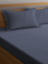 KLOTTHE Grey Striped 300 TC Fitted King Bedsheet With Pillow Cover