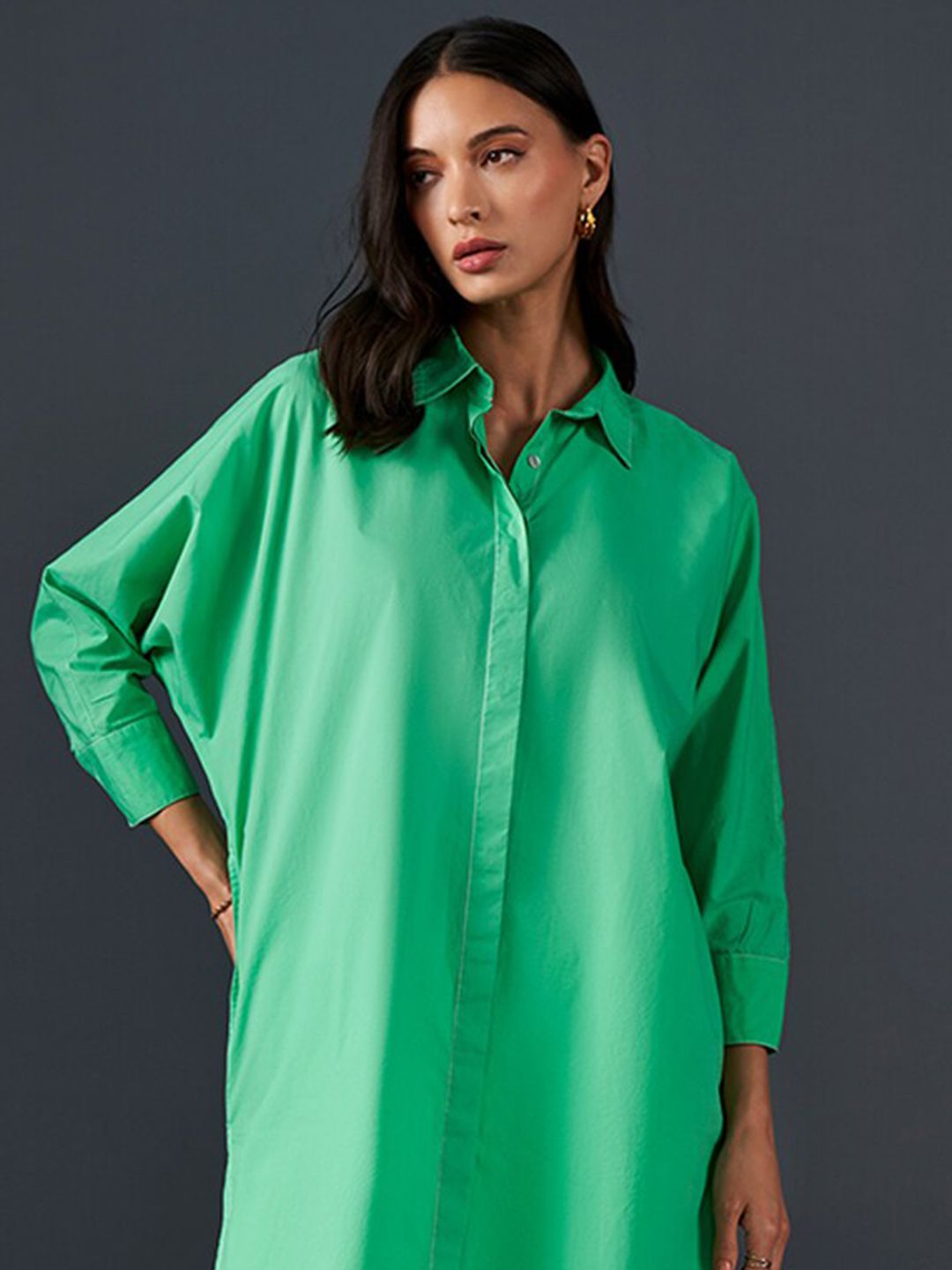 AND Spread Collar Cuff Sleeves Shirt Style Longline Cotton Top