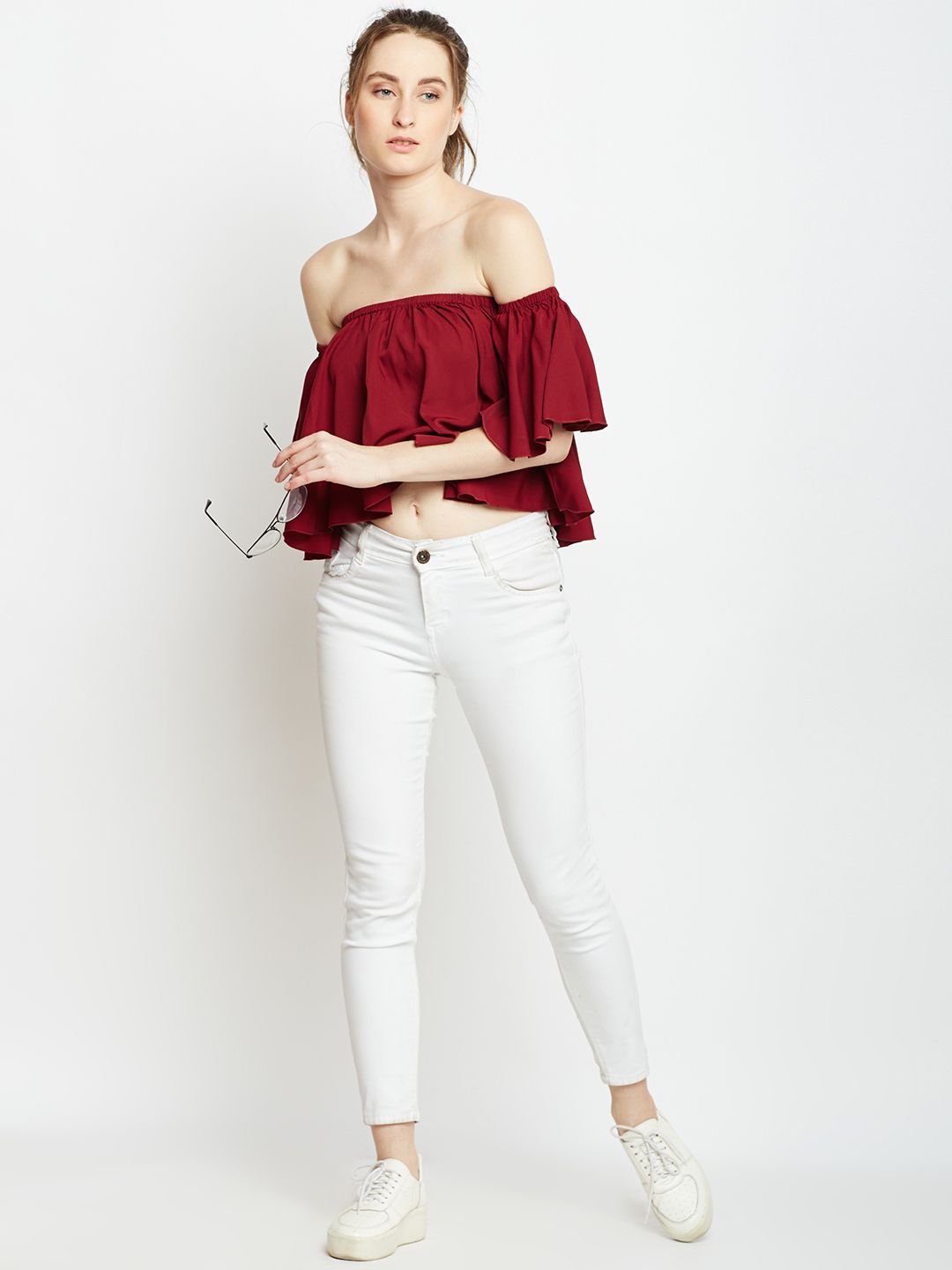 Berrylush Maroon Ruffled Bardot Top