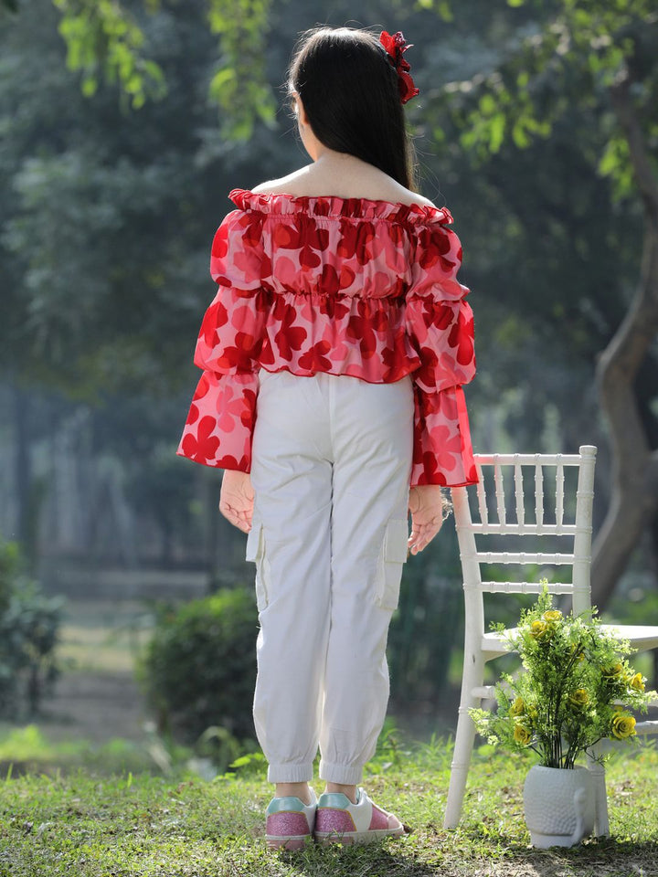 Cutiekins Girls Floral Printed Off-Shoulder Top with Trouser