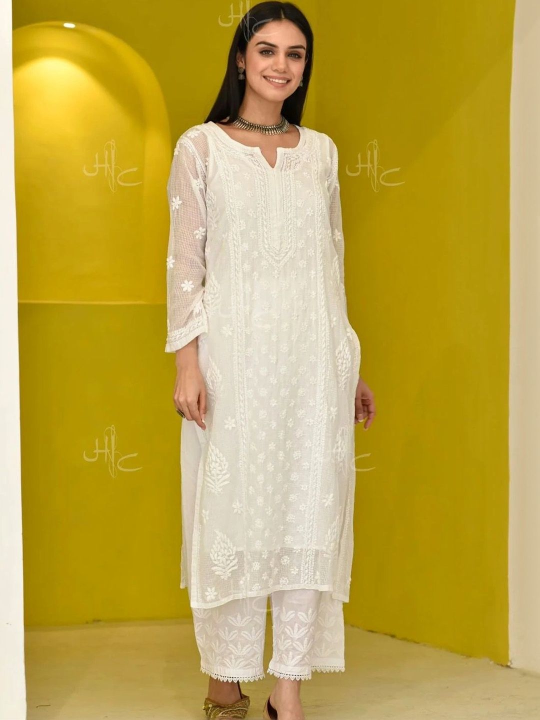 Rumah Wanita Chikankari Motif Etnik Sulam Benang Kerja Kurta