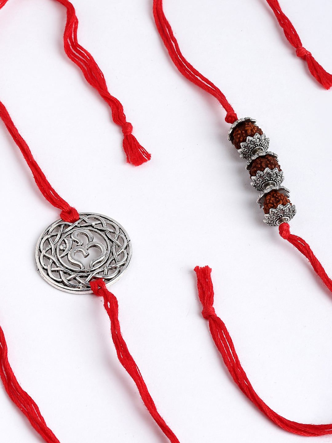 PANASH Men Set of 2 Silver-Toned OM & Rudraksha Rakhi with Roli Chawal