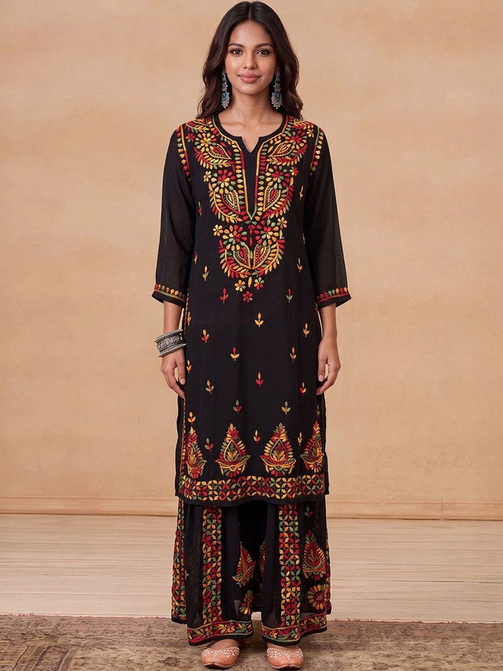 House of Chikankari Women Ethnic Motifs Embroidered Regular Thread Work Kurta with Sharara