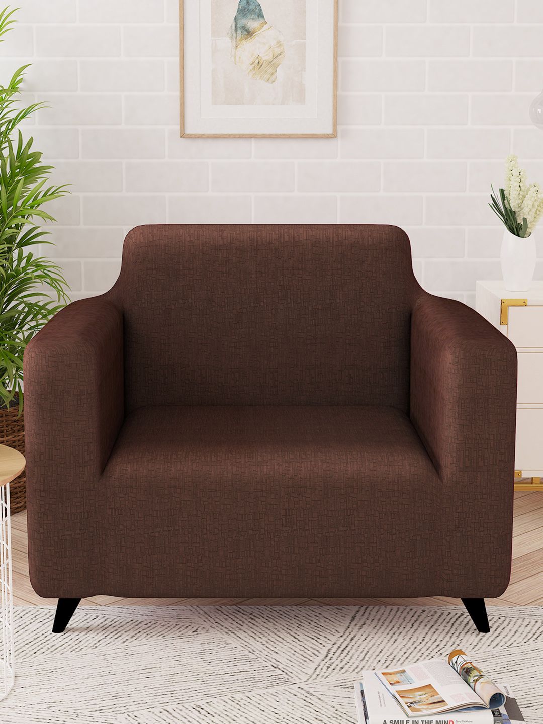 Story@home Brown Printed 1 Seater Stretchable Sofa Cover With Arms
