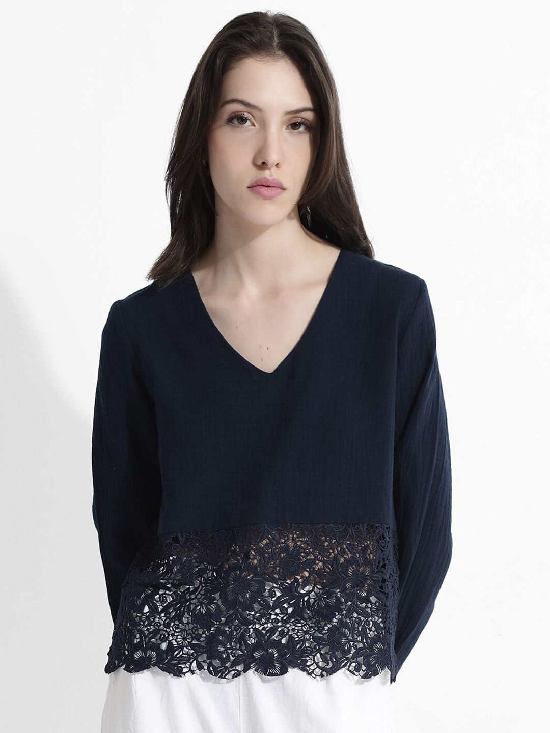 RAREISM Solid V-Neck Cotton Top