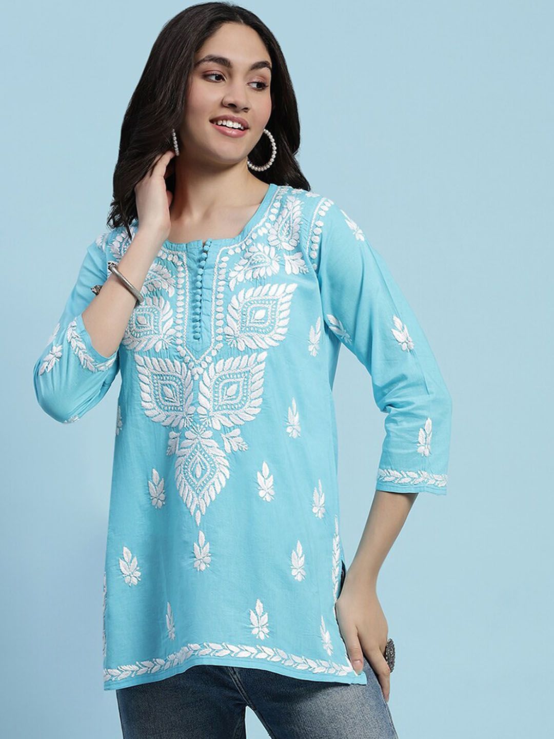 Rumah Wanita Chikankari Kapas Biru Chikankari Sulam Kurti