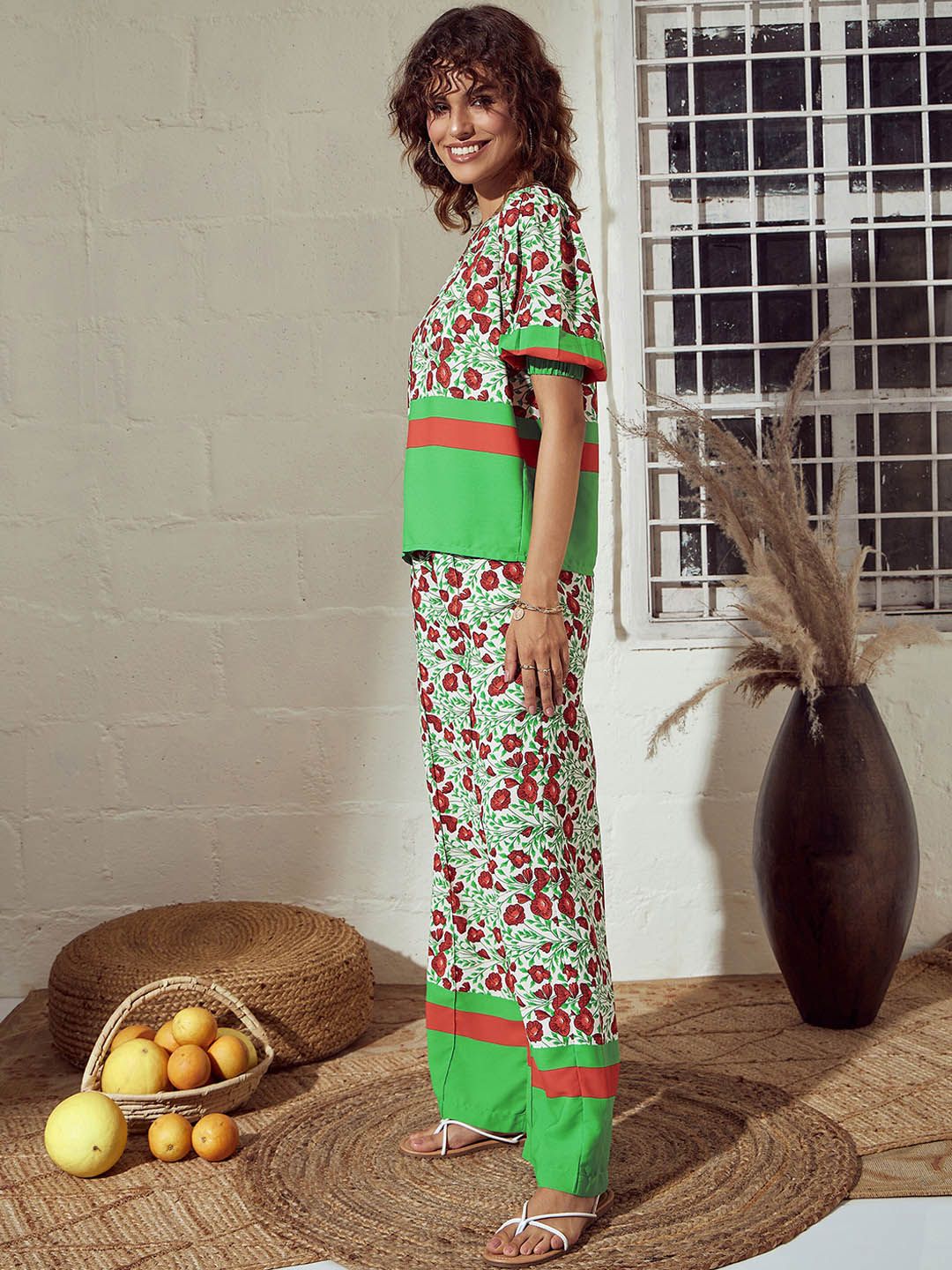 SASSAFRAS Green Floral Printed Round Neck Top With Trousers