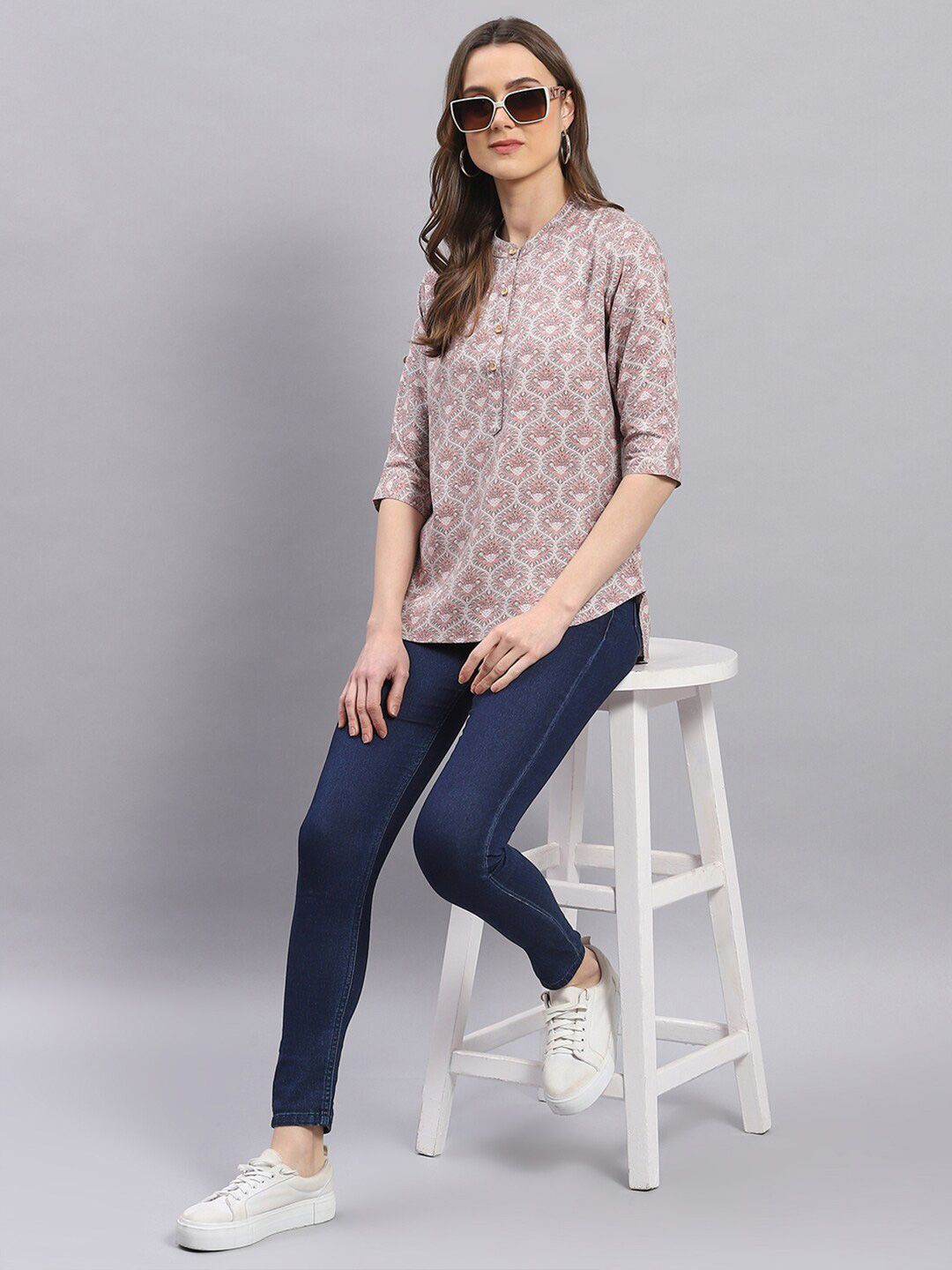 Monte Carlo Ethnic Motifs Printed Mandarin Collar Top