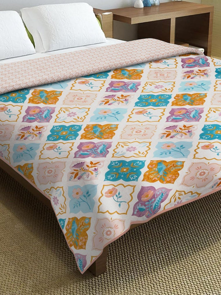 Cortina Beige & Blue Geometric Microfiber AC Room Reversible Double Bed Dohar