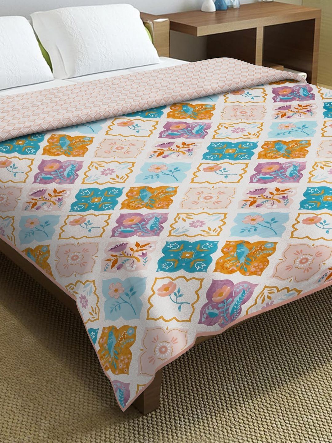 Cortina Beige & Blue Geometric Microfiber AC Room Reversible Double Bed Dohar