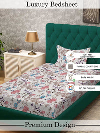 Myntra Elegant Homes White & Pink Floral 300 TC Cadar Tempat Tidur Single dengan 1 Sarung Bantal
