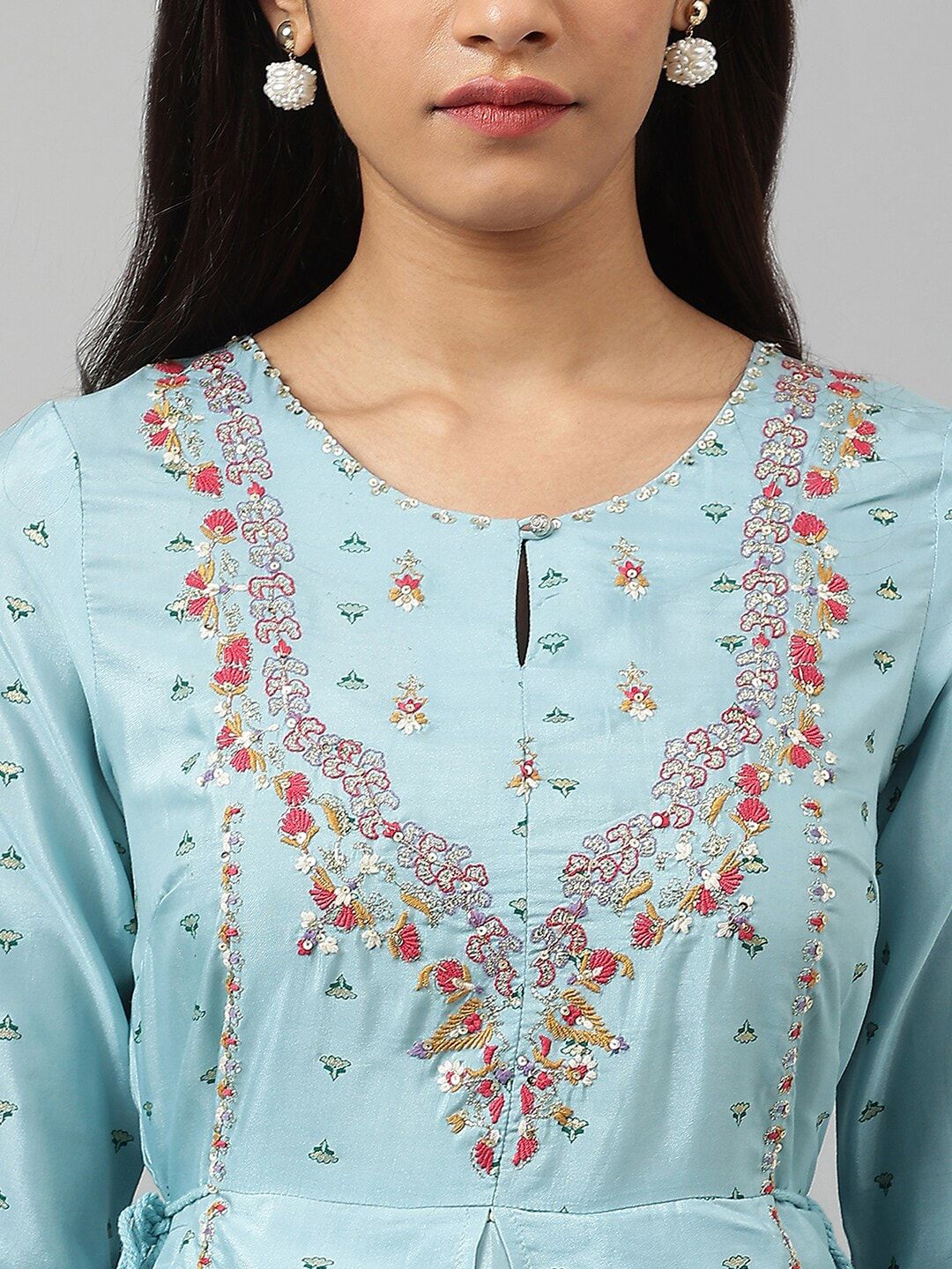 W Blue Ethnic Motifs Keyhole Neck Ethnic Maxi Dress
