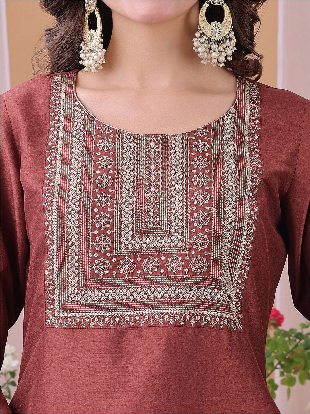 KALINI Yoke Design Sequinned Straight Kurta With Trousers And Dupatta