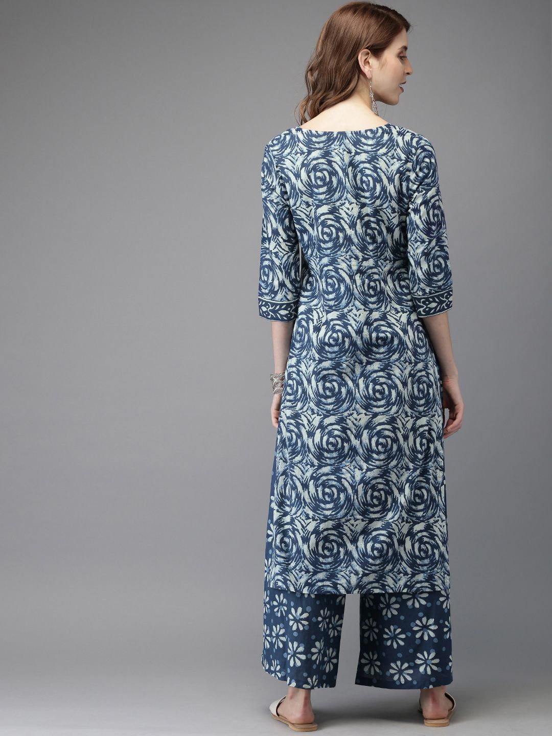 Anouk Women Navy Blue & Off-White Printed Kurta with Palazzos