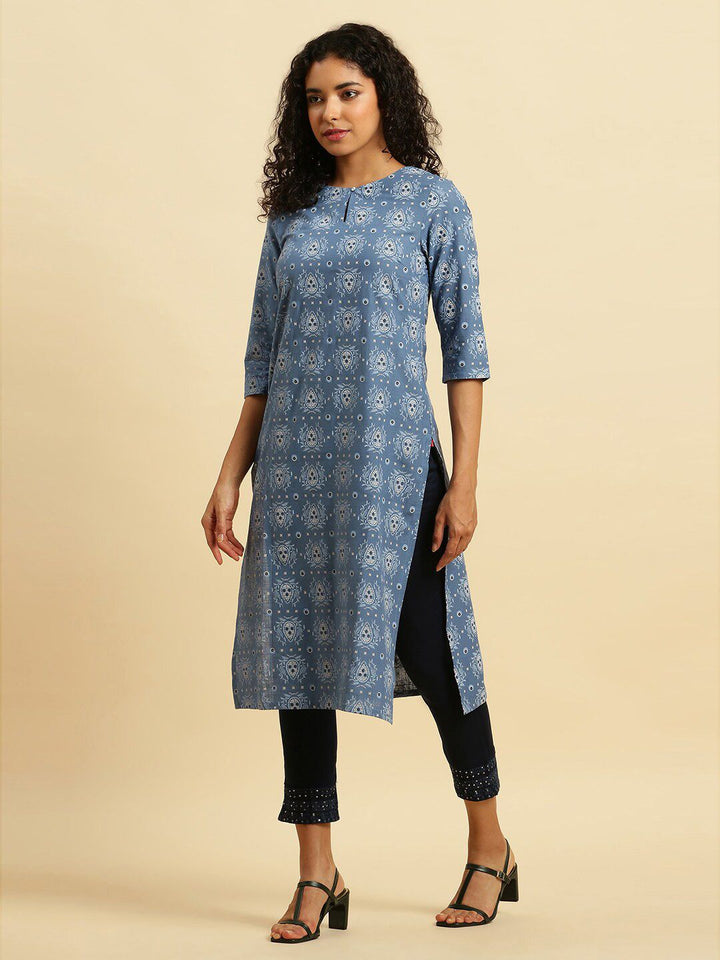 W Ethnic Printed Round Neck Straight Kurta