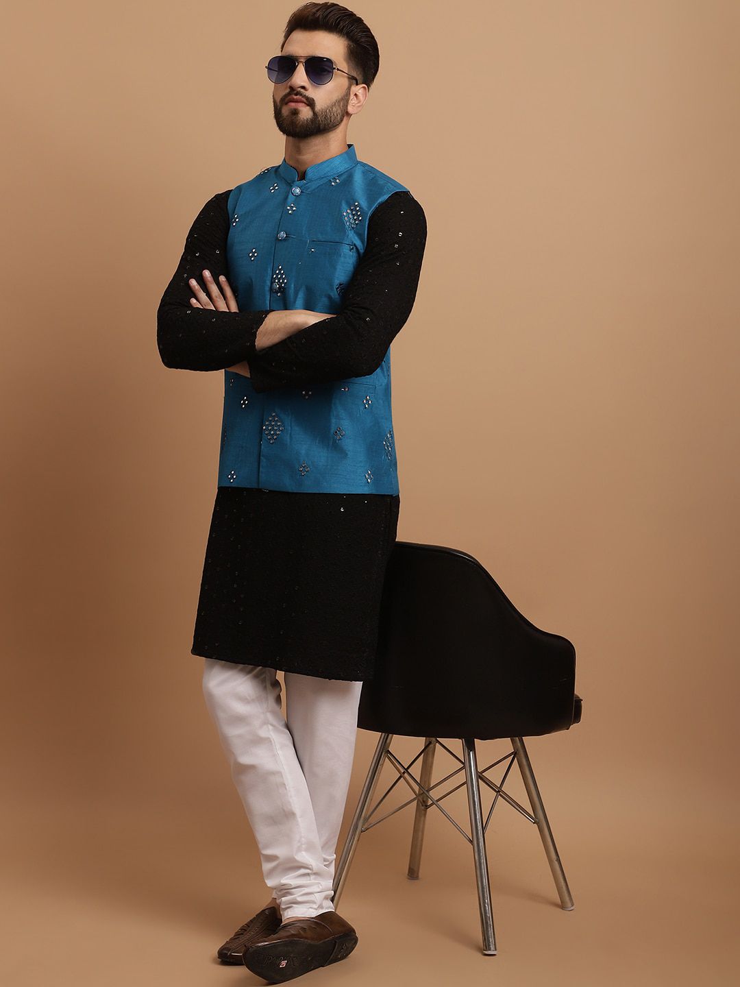 SOJANYA Ethnic Embroidered Sequinned Pure Cotton Kurta & Churidar With Nehru Jacket