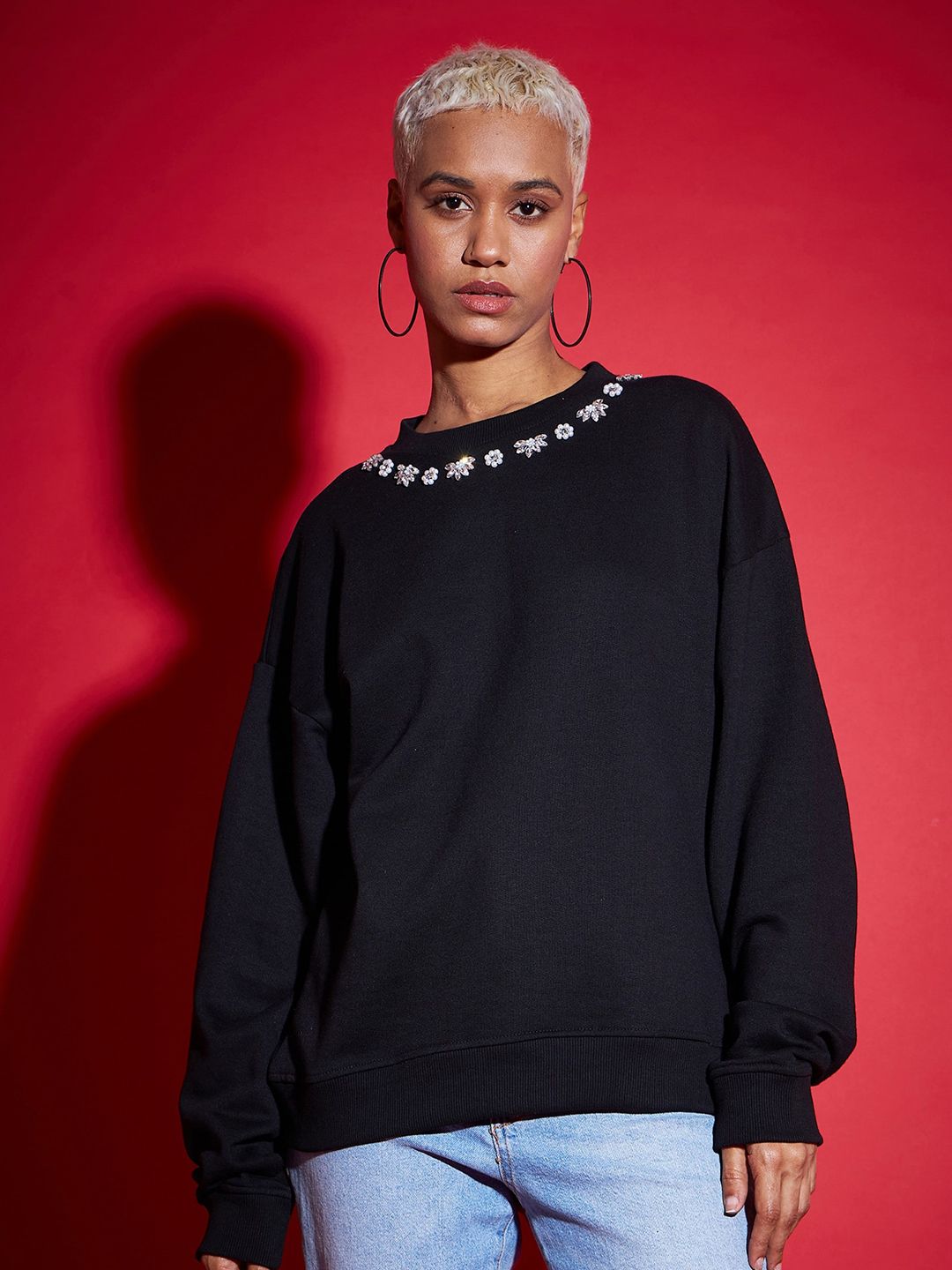 SASSAFRAS Black Floral Embellished Round Neck Cotton Pullover Sweatshirt