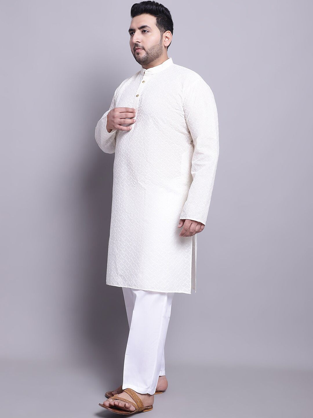 SOJANYA PLUS Plus Size Bordir Cotton Kurta Dengan Piyama & Tenunan Design Nehru Jaket