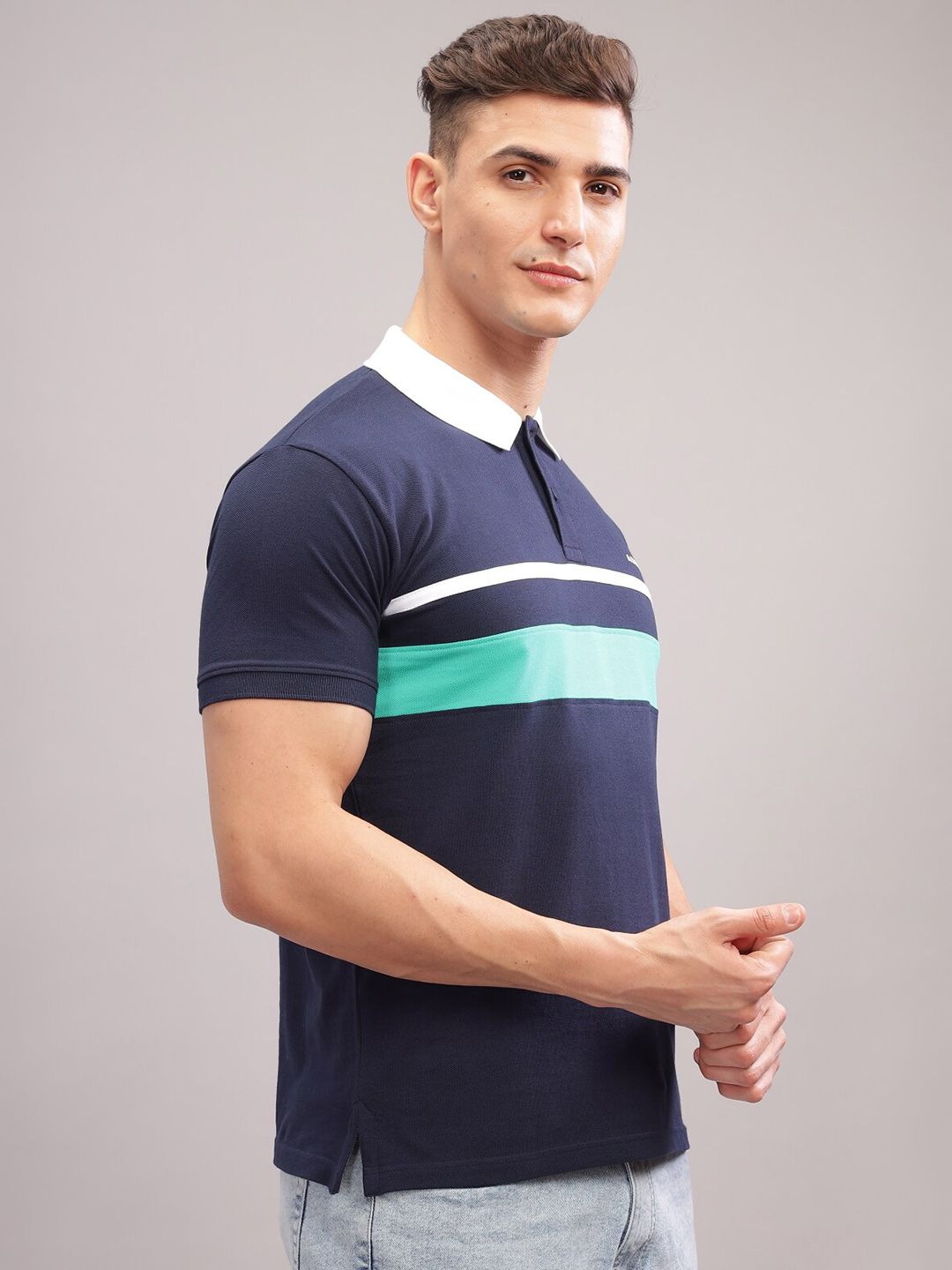 ADRO Striped Polo Collar Short Sleeves Pure Cotton Regular T-shirt