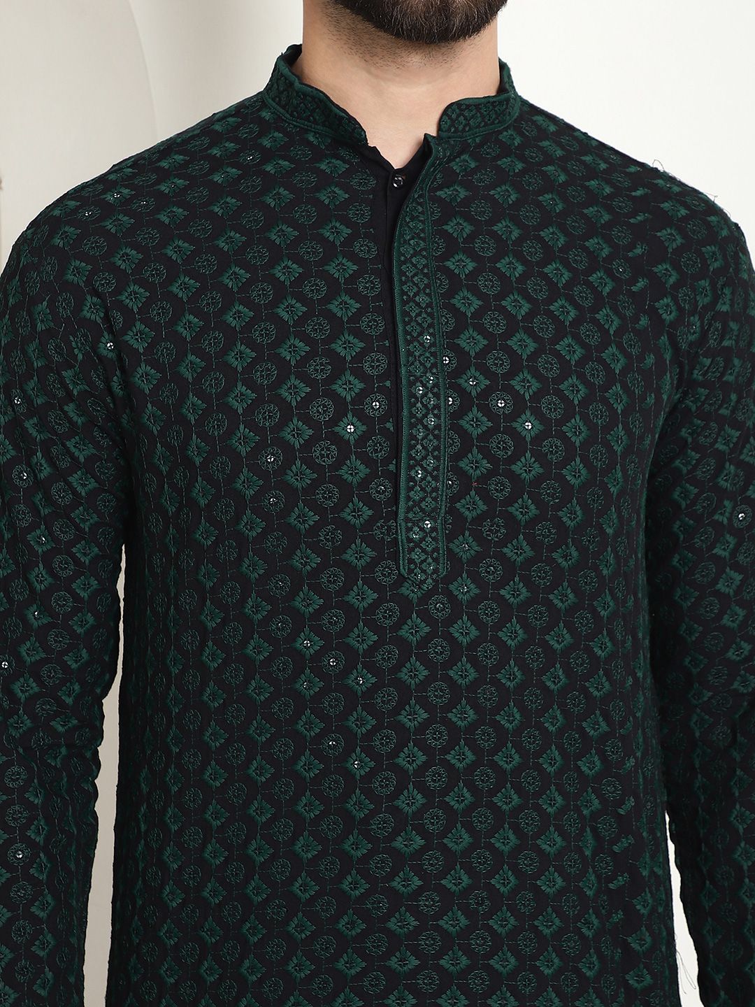 SOJANYA Ethnic Motifs Embroidered Mandarin Collar Sequined Pure Cotton Straight Kurta