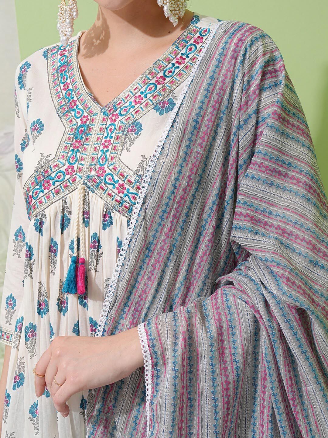 Vishudh White Floral Printed Pure Cotton A-Line Empire Kurta With Trousers & Dupatta