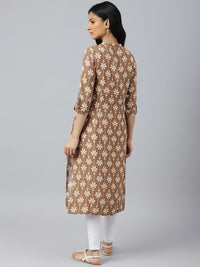 W Floral Printed Mandarin Collar Roll-Up Sleeves Straight Kurta