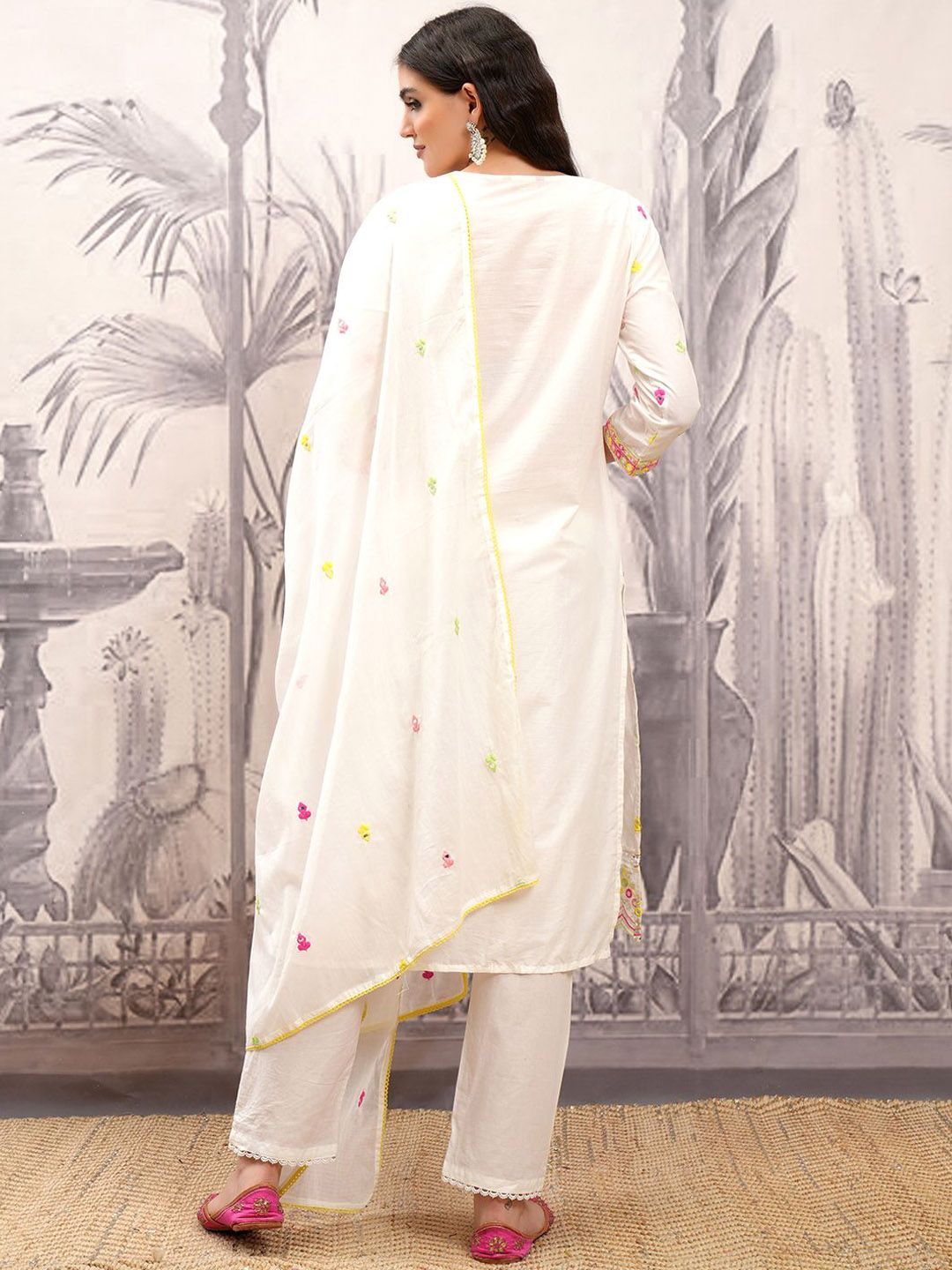 Vishudh Floral Printed Thread Work Pure Cotton Straight Kurta & Trousers With Dupatta