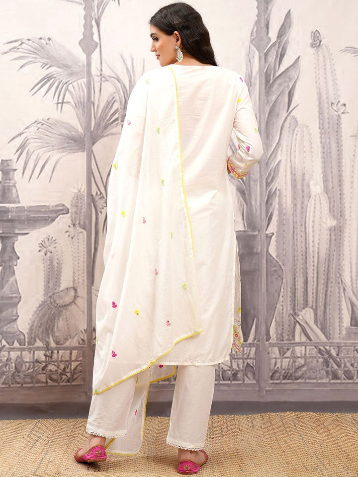 Vishudh Floral Printed Thread Work Pure Cotton Straight Kurta & Trousers With Dupatta