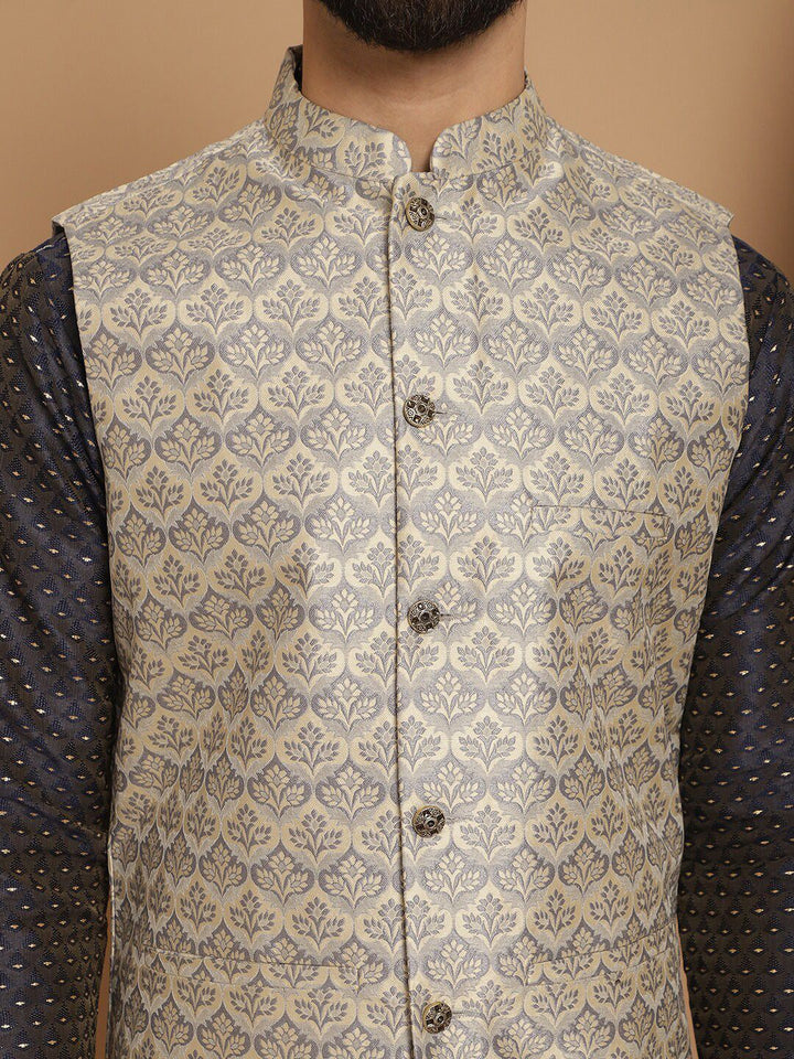 Anouk Embroidered Regular Thread Work Jacquard Silk Kurta With Churidar & Nehru Jacket