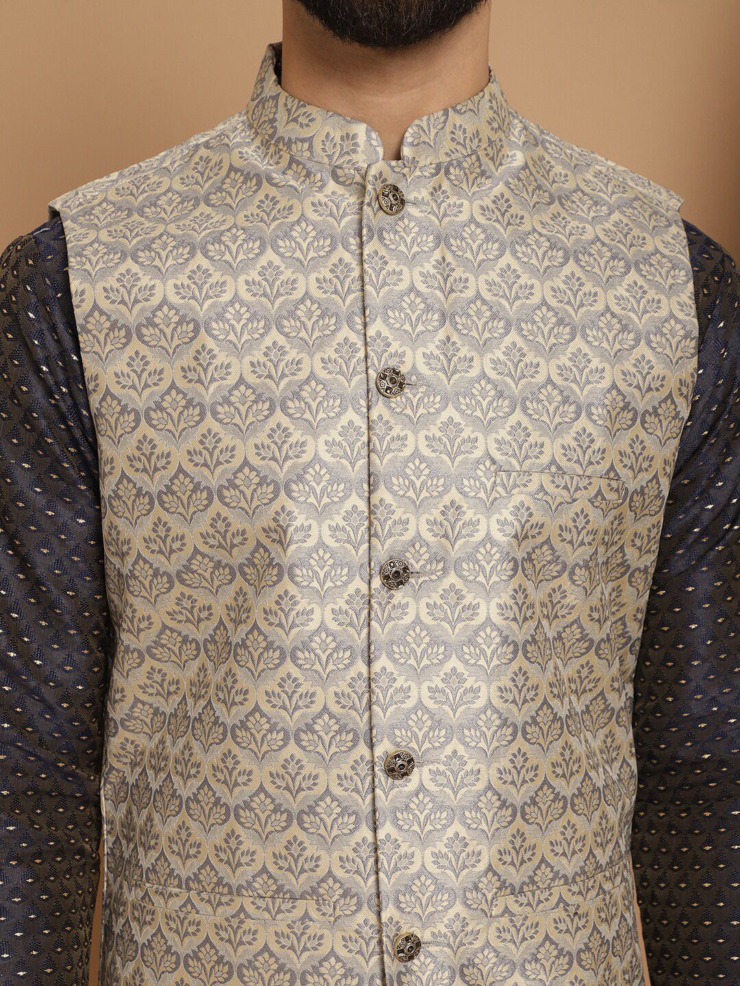 Anouk Embroidered Regular Thread Work Jacquard Silk Kurta With Churidar & Nehru Jacket