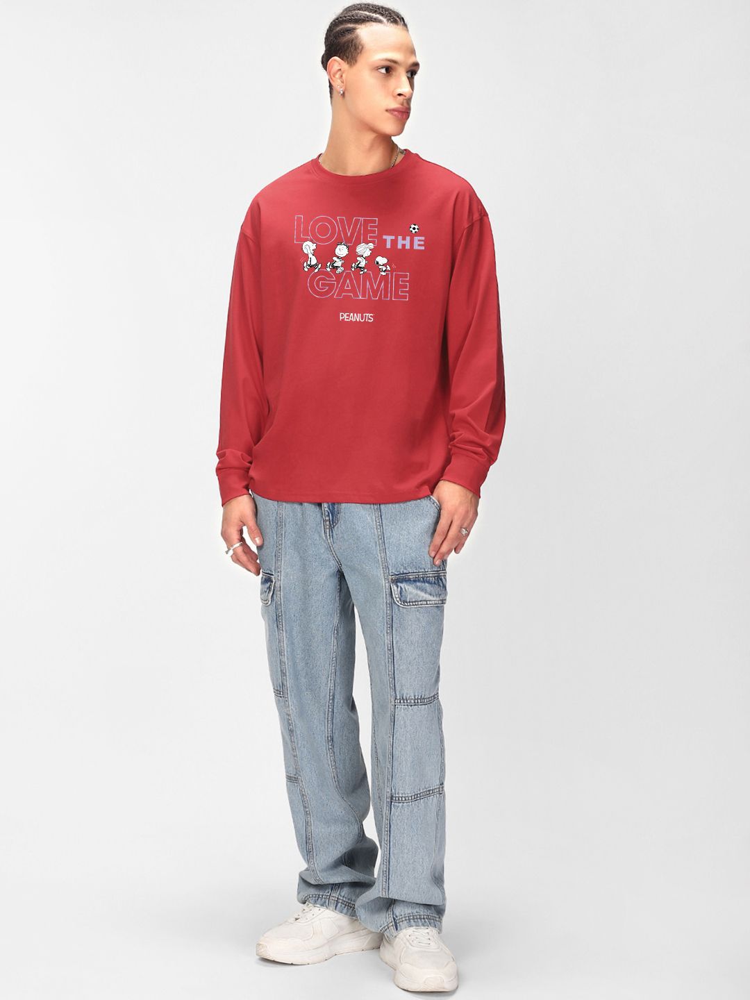 Bewakoof Typography Printed Round Neck Pure Cotton Oversized Peanuts T-shirt