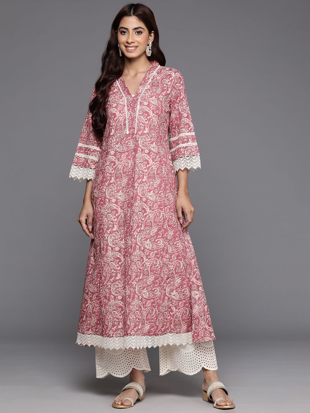 Varanga Peach Jaipuri Printed V Neck A line Pure Cotton Kurta