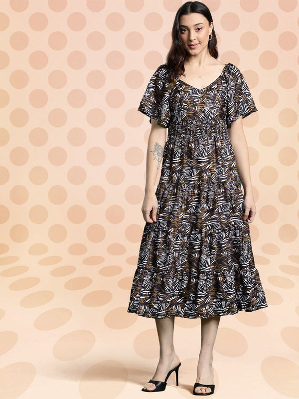 DressBerry Abstract Print Tiered A-Line Midi Dress