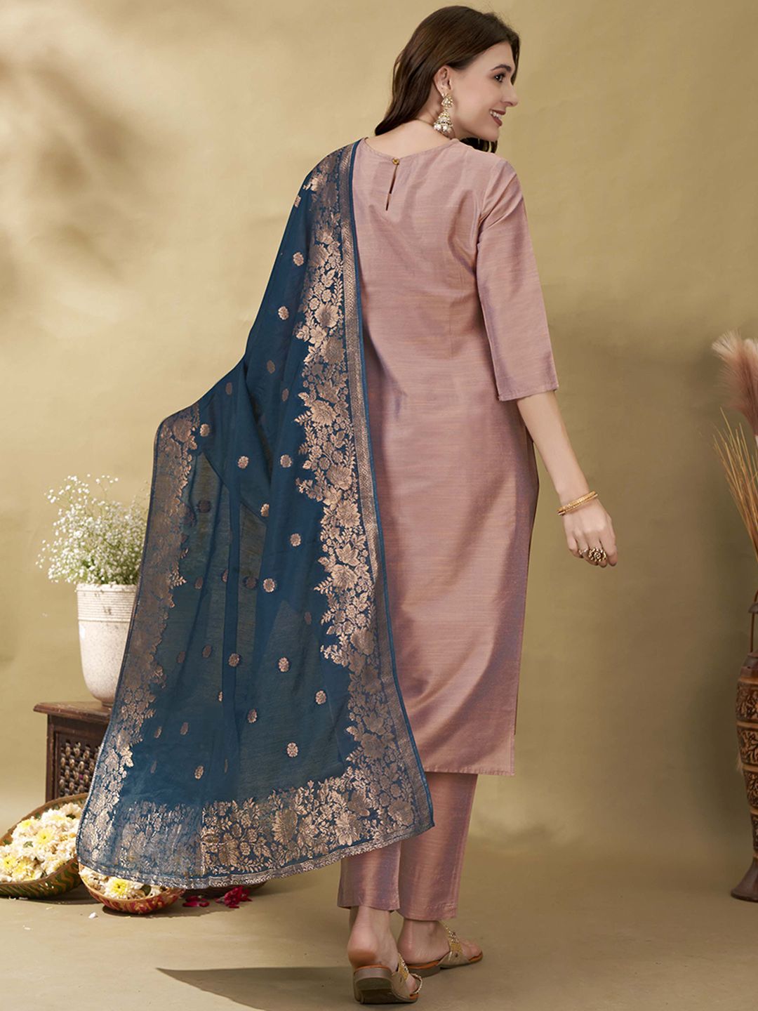 Anouk Mauve Floral Yoke Design Thread Work Straight Kurta With Trousers & Dupatta