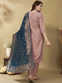 Anouk Mauve Floral Yoke Design Thread Work Straight Kurta With Trousers & Dupatta