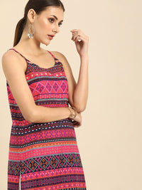 Anouk Women Pink & Navy Blue Striped Kurta