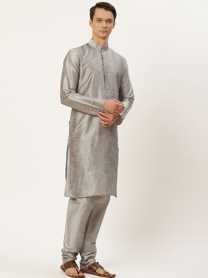 SOJANYA Men Grey Solid Kurta with Churidar & Ethnic Jacket
