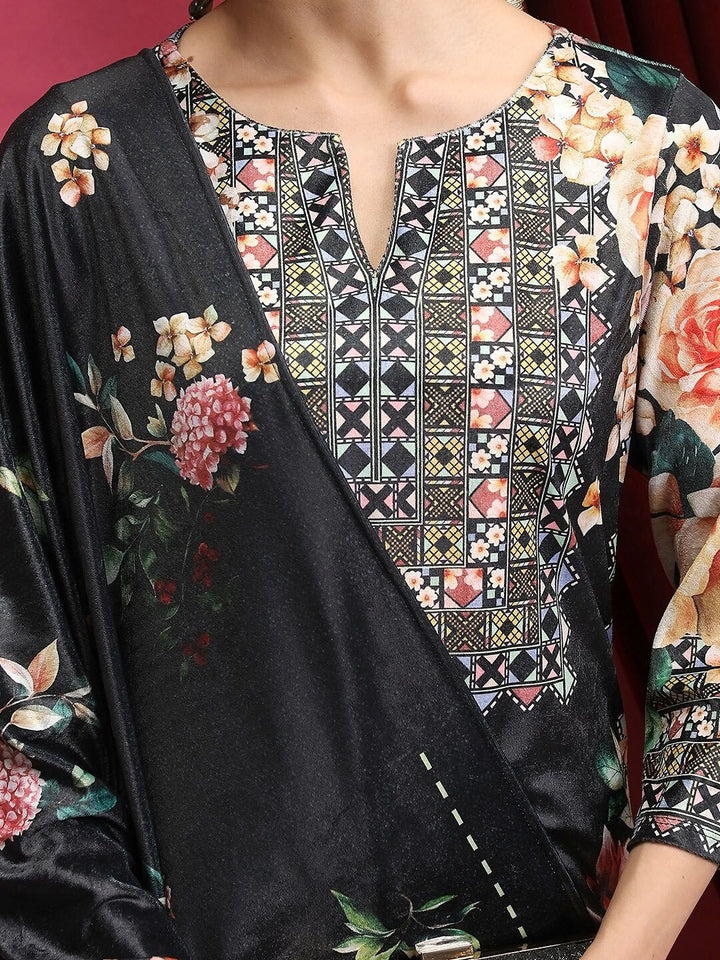 Vishudh Black Floral Printed Regular Kurta With Trousers & Dupatta