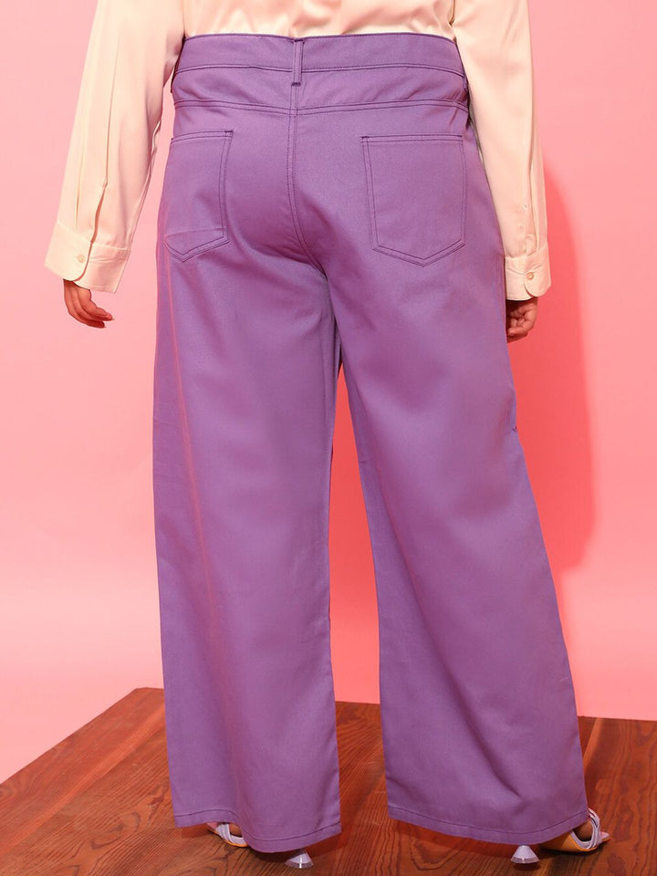 CURVY STREET Women Plus Size Lavender Printed Relaxed Straight Leg Pure Cotton Trousers