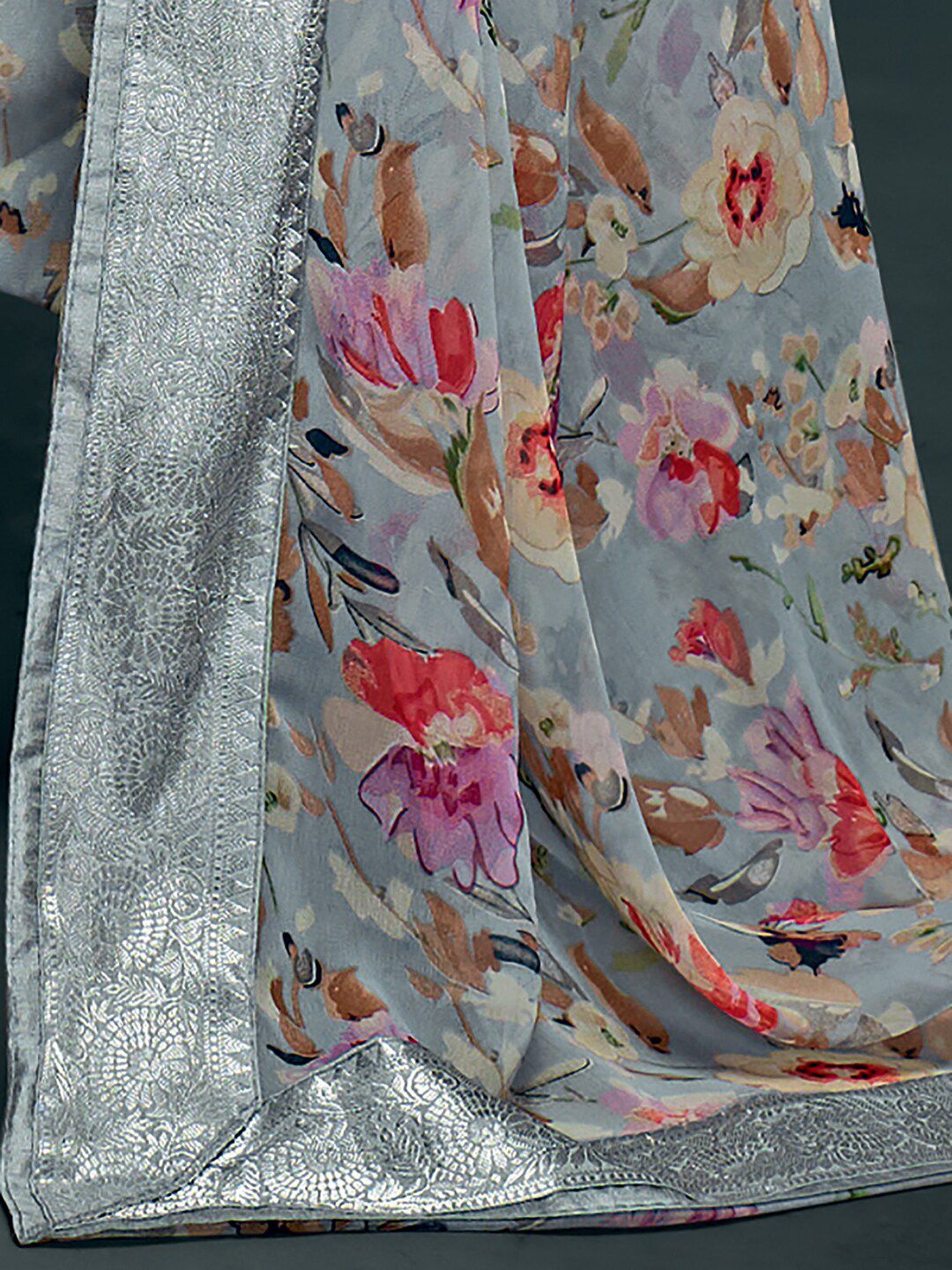 Saree mall Grey Red Floral Print Poly Georgette Banarasi Saree