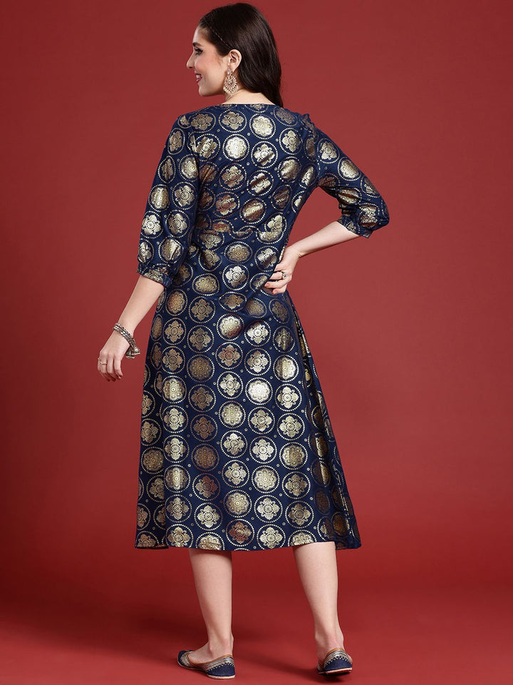 Anouk Ethnic Motifs Foil Printed Wrap Style A-Line Midi Ethnic Dress