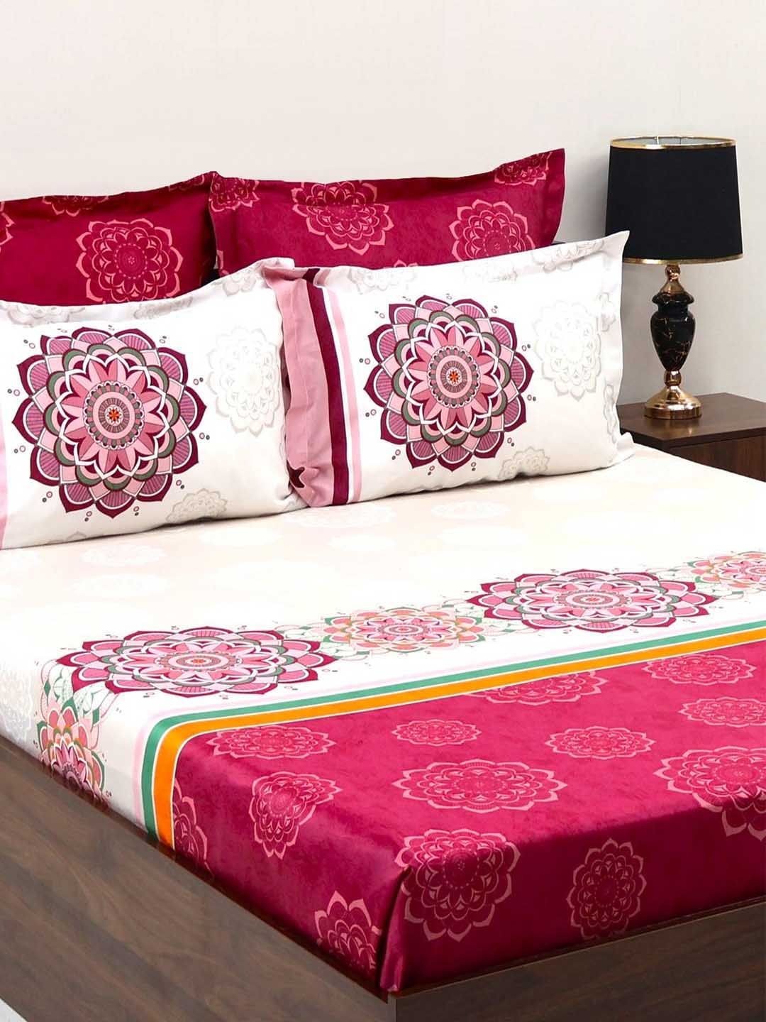 BOMBAY DYEING Celebrating India Pink Printed Cotton 300 TC King Bedsheet & 4 Pillow Cover