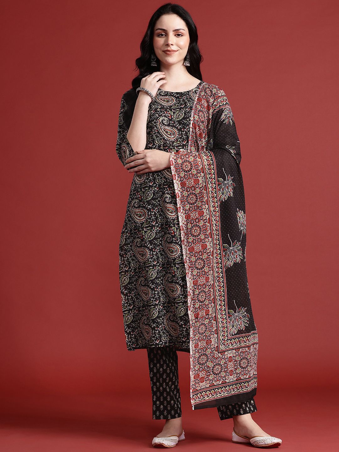 Anouk Paisley Print Pure Cotton Kurta With Trousers & Dupatta