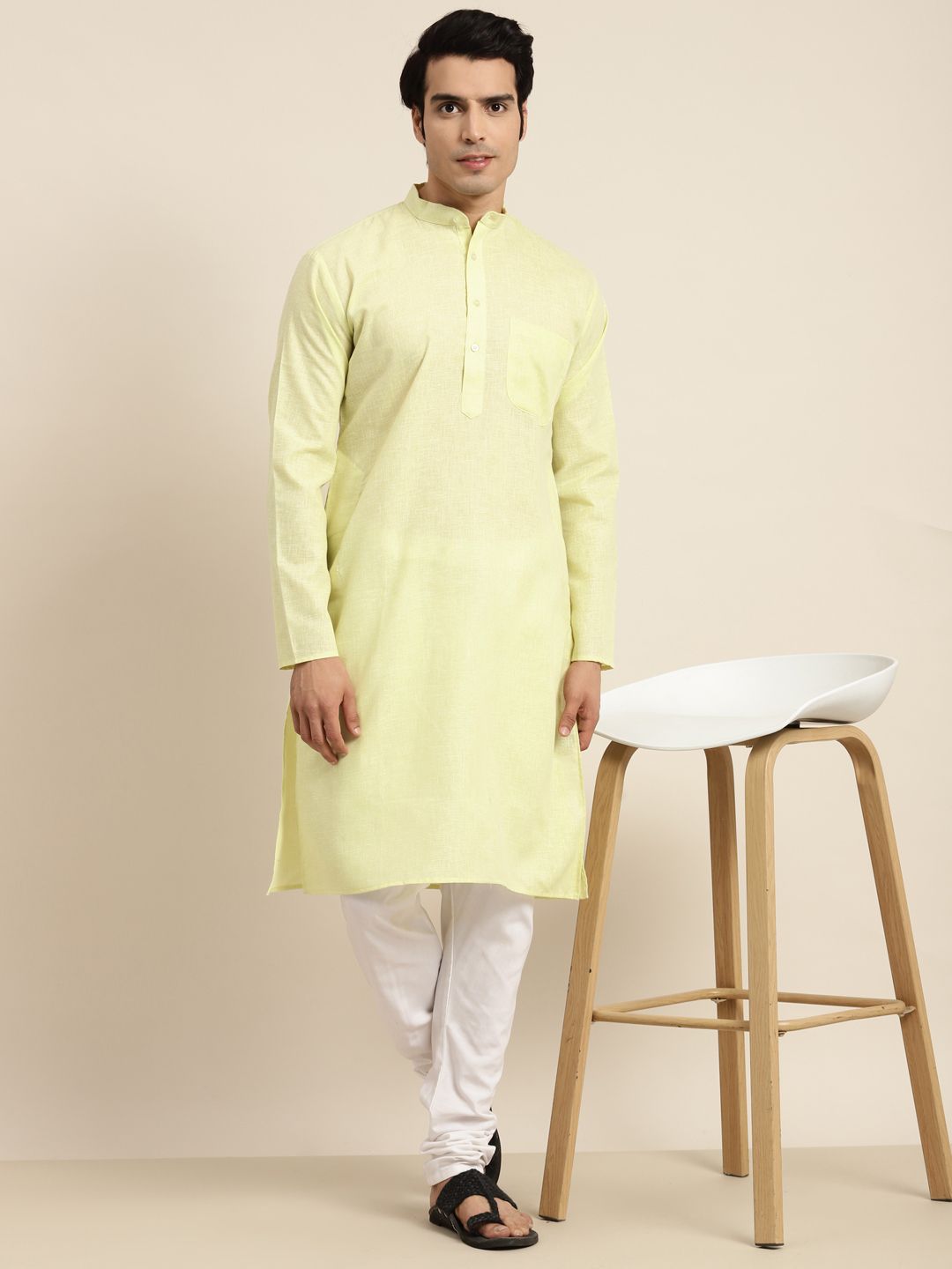Anug by SOJANYA Men Lime Green Dobby Mandarin Collar Kurta