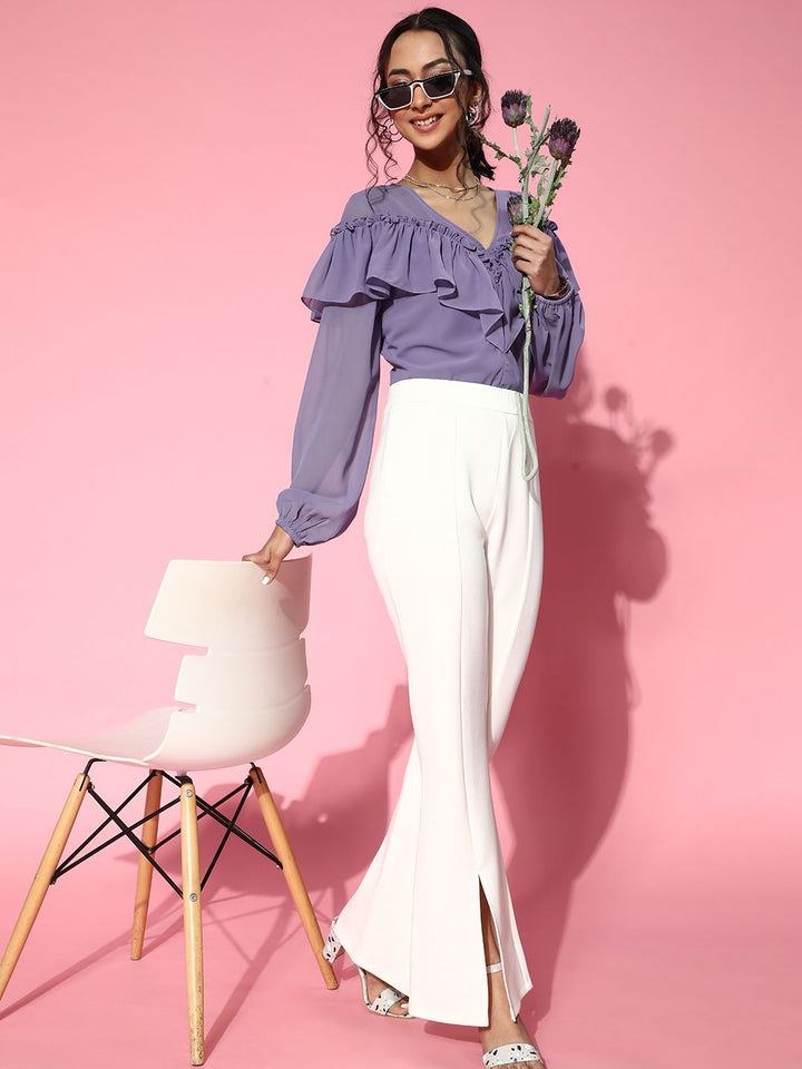 Athena Wanita Lavender Elegant Solid Ruffled atas