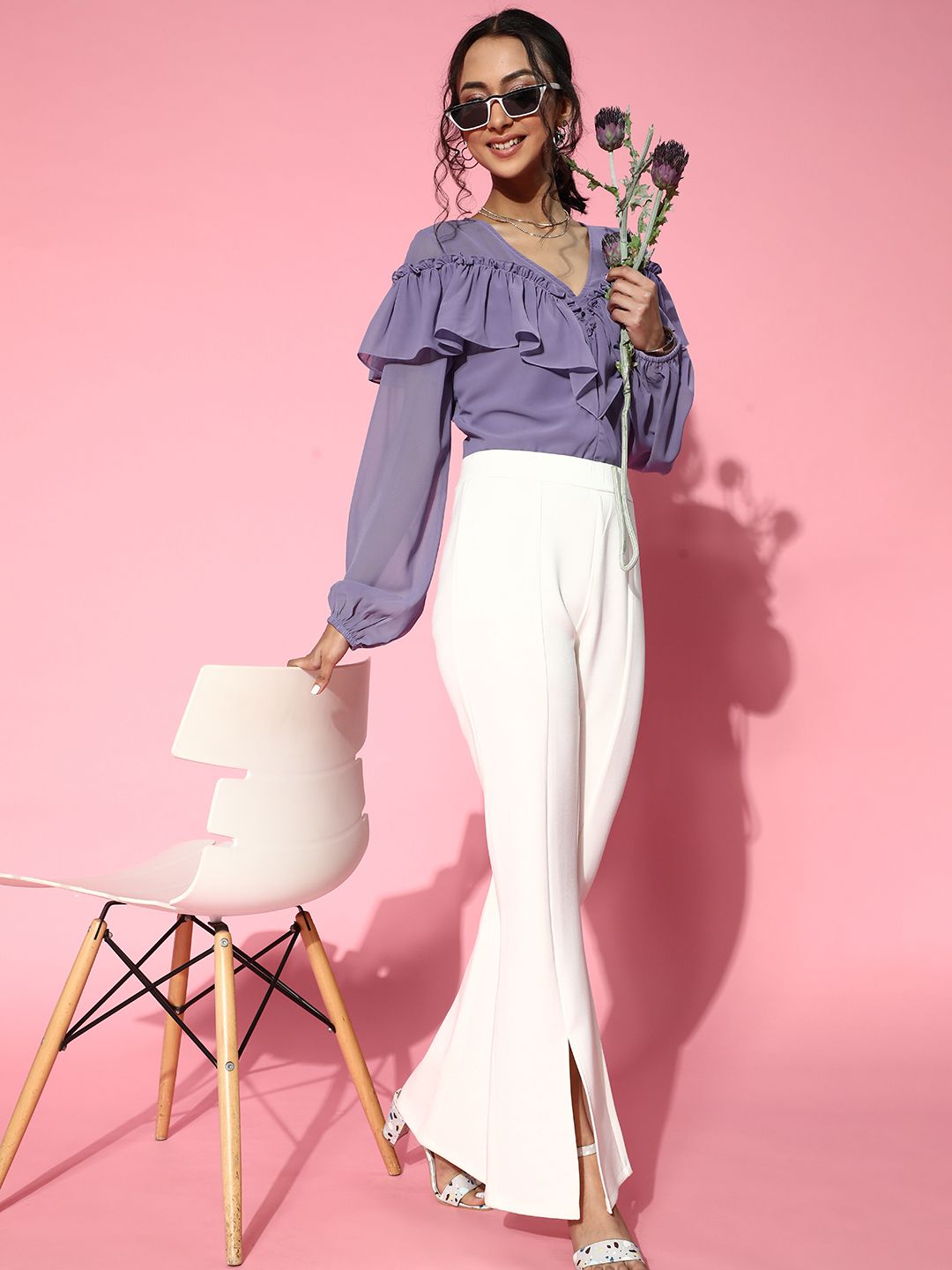 Athena Wanita Lavender Elegant Solid Ruffled atas