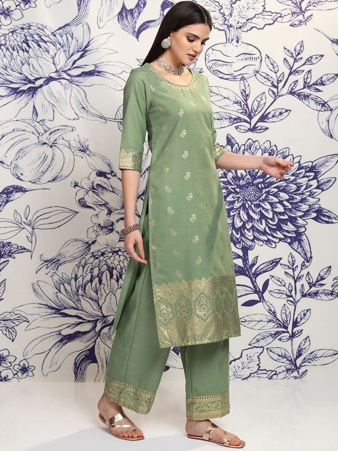 Vishudh Ethnic Motifs Woven Design Straight Kurta & Palazzos With Dupatta